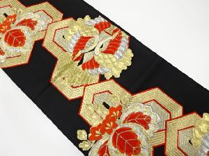 アンティーク　毘沙門亀甲に向かい鶴・木目模様織り出し袋帯（材料）